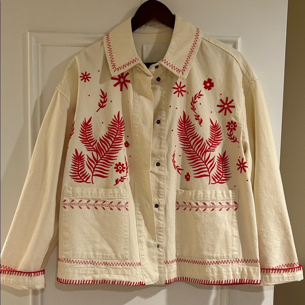 Zara Cream Utility Jacket with Red Embroidery